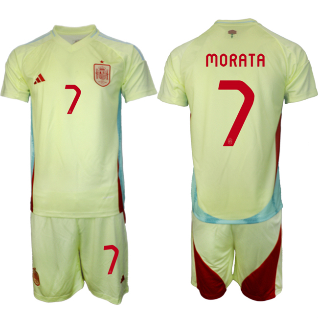 Men's Spain Team #7 Álvaro Morata 2024-25 Yellow Away Soccer Jersey Suit